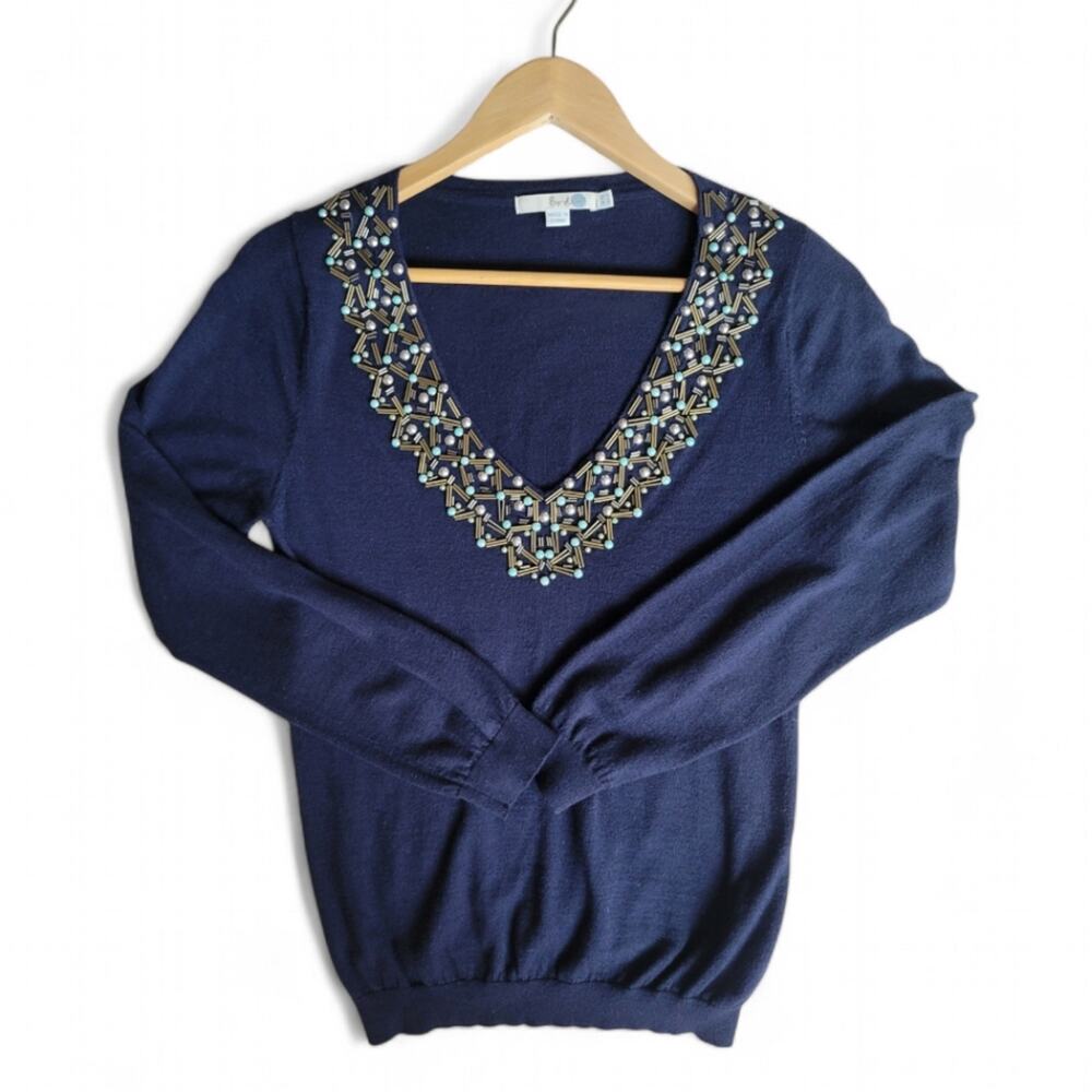 BODEN Embellished V-Neck Lightweight Knit Sweater Navy Blue Size 6